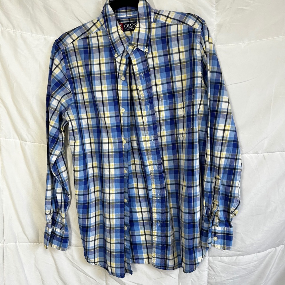 Chaps Plaid Button Down Shirt Men's Size S/P Blu Yellow White Long Sleeve Cotton